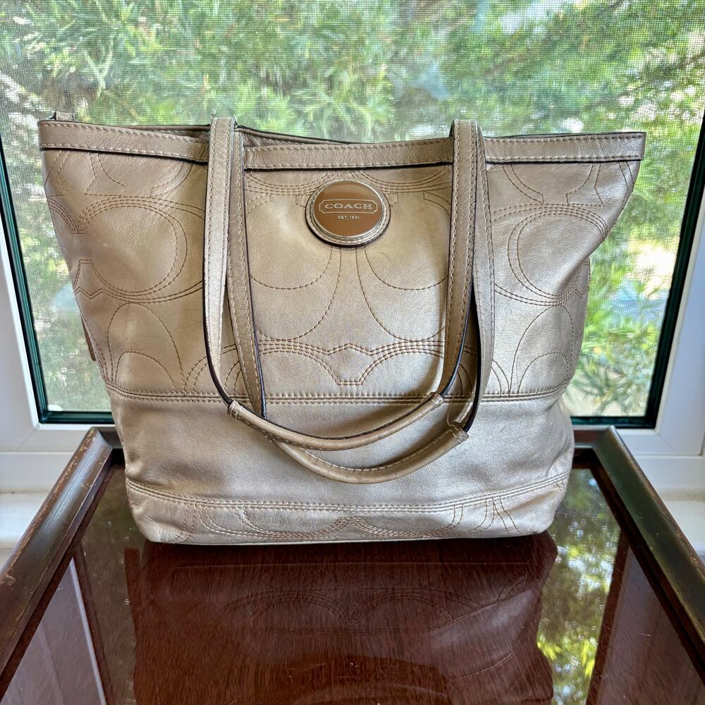 Coach F18877 Gold Metallic Signature Stitch Leather Tote 2011